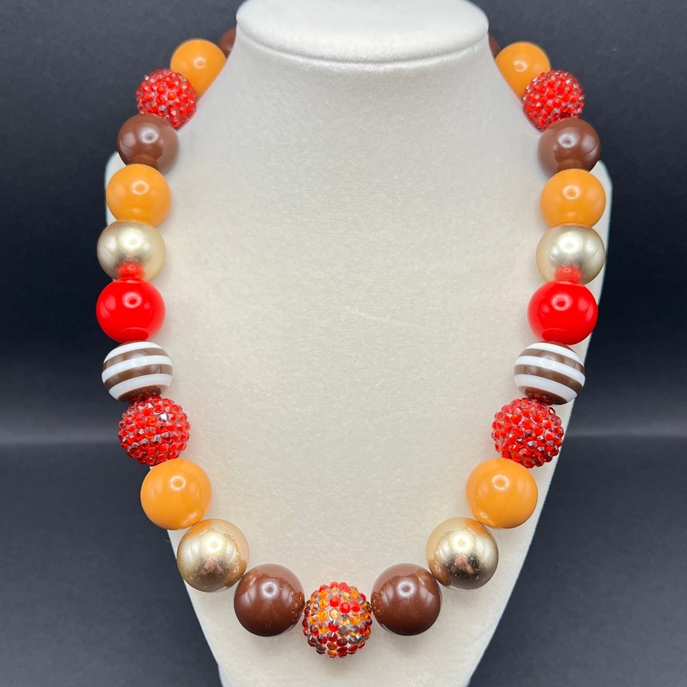 Chunky‎ Bubblegum Bead Necklace Red Orange Brown Fall Autumn Thanksgiving